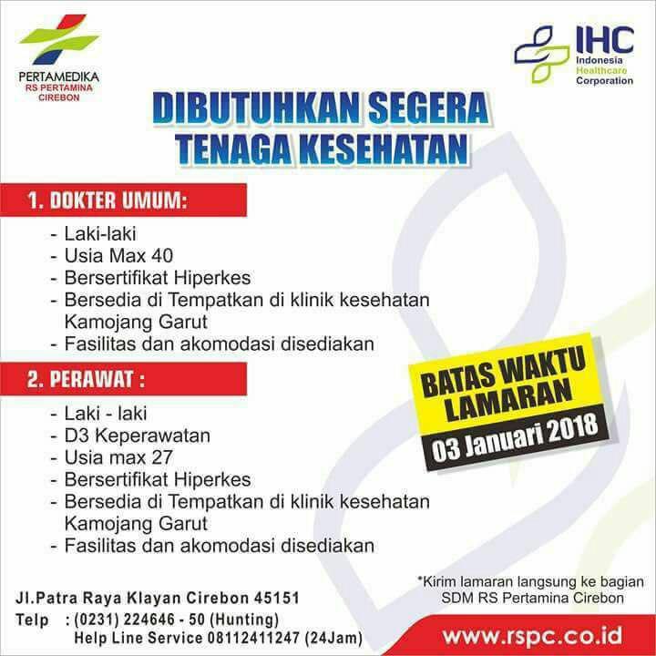 Informasi Lowongan Kerja Kesehatan RS.Pertamina Cirebon Jawa Barat.