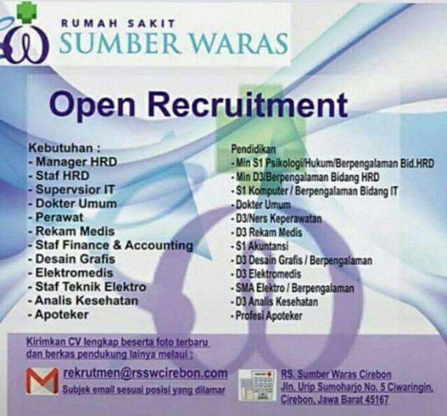 Open Recruitment RS. Sumber Waras Cirebon Tahun 2018.