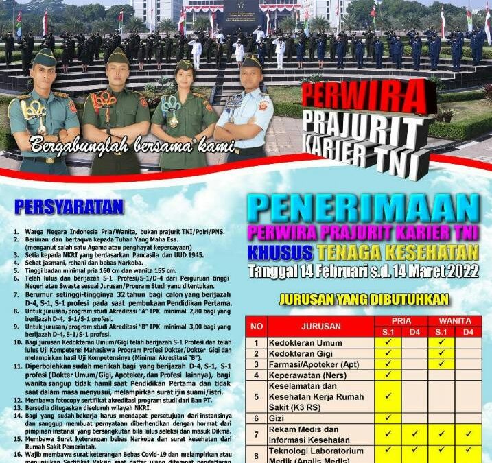 PENERIMAAN PERWIRA PRAJURIT KARIER TNI KHUSUS TENAGA KESEHATAN FEBRUARI TAHUN 2022
